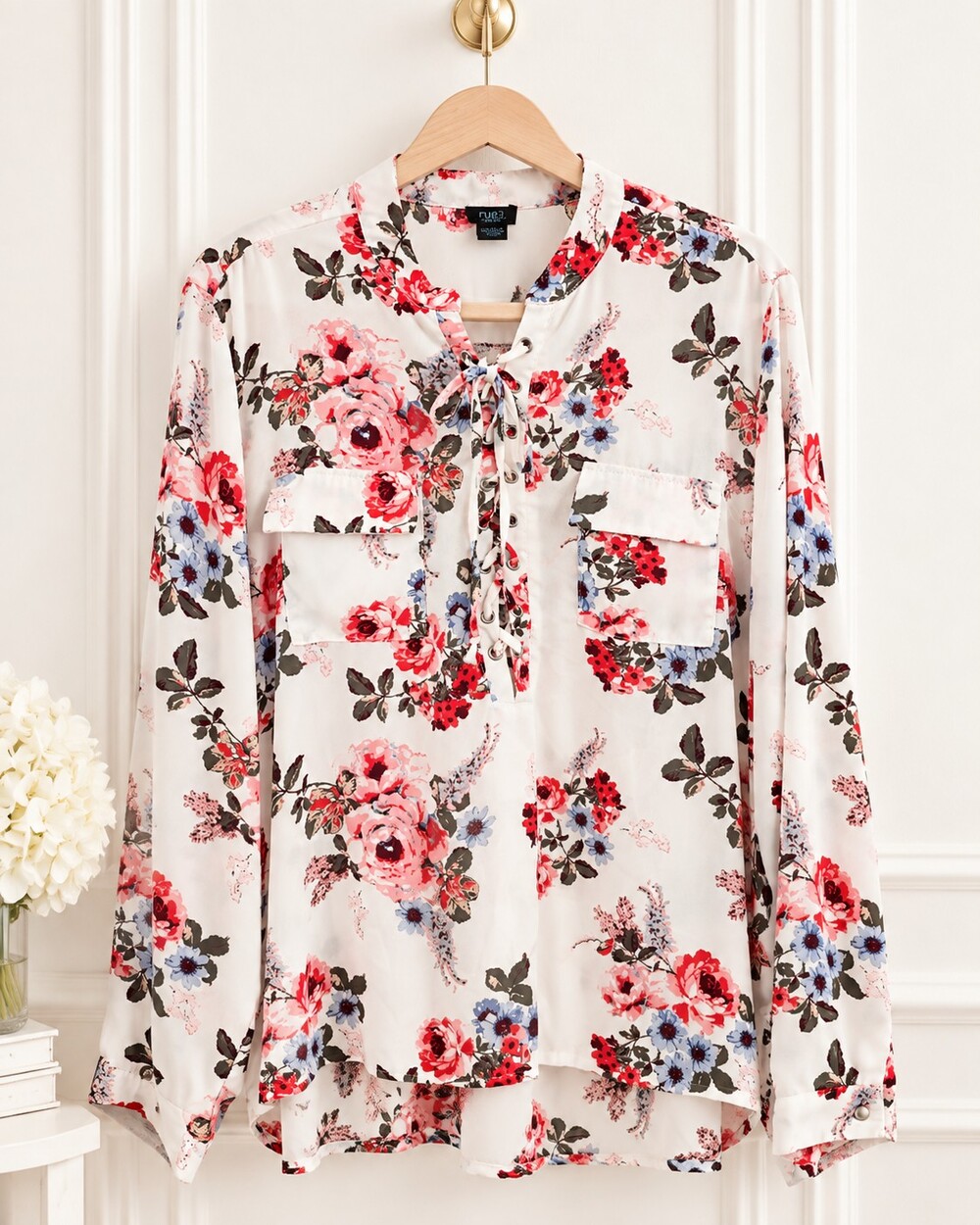 rue+ | Floral Lace Up Blouse Ivory Pink Blue Long Sleeve Plus | Size 2X - Picture 5 of 9